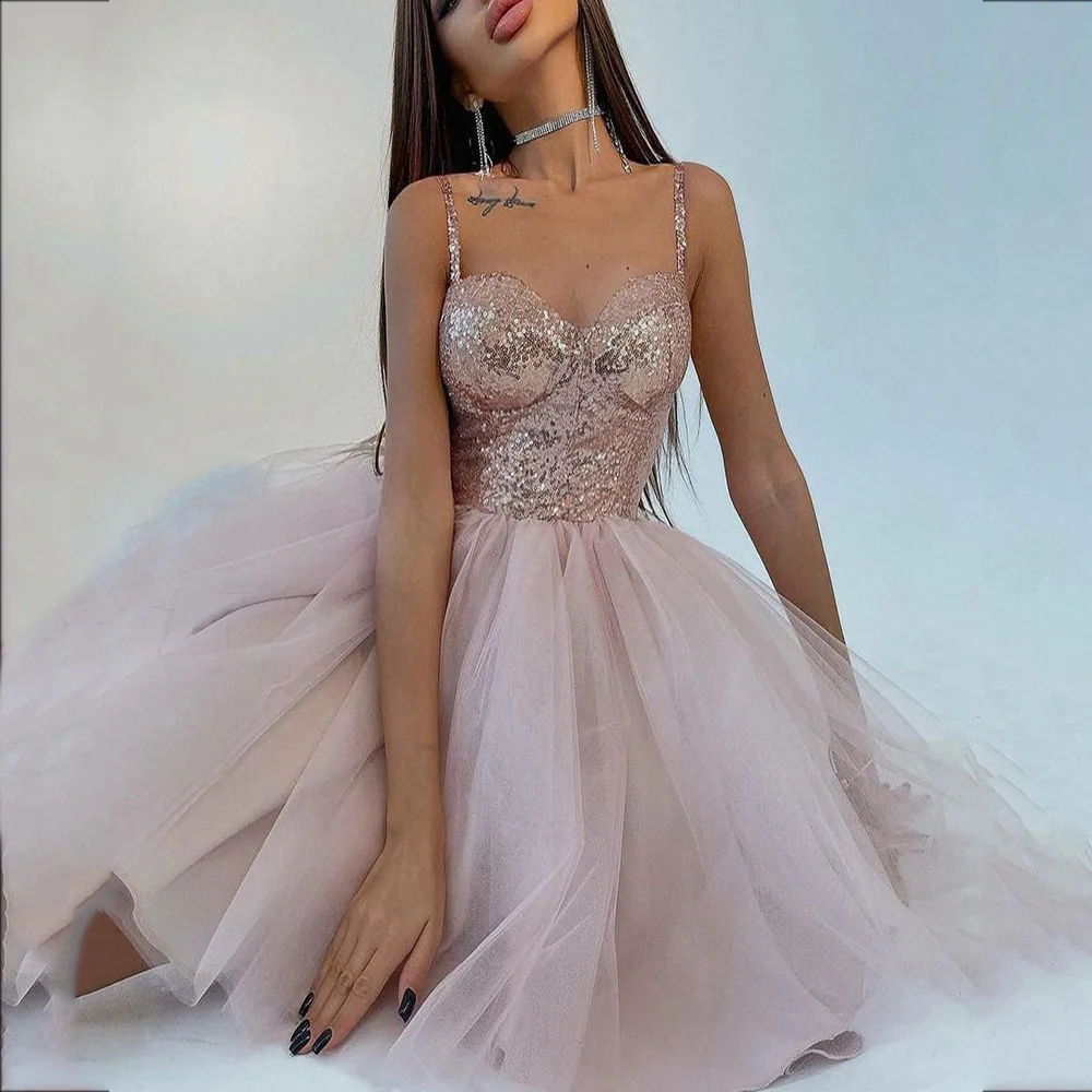 Vestido de fiesta Sexy de tul con tirantes finos, vestido de cóctel corto de corte en A, vestido de fiesta con lentejuelas y manga acampanada, personalizado gratis 2025