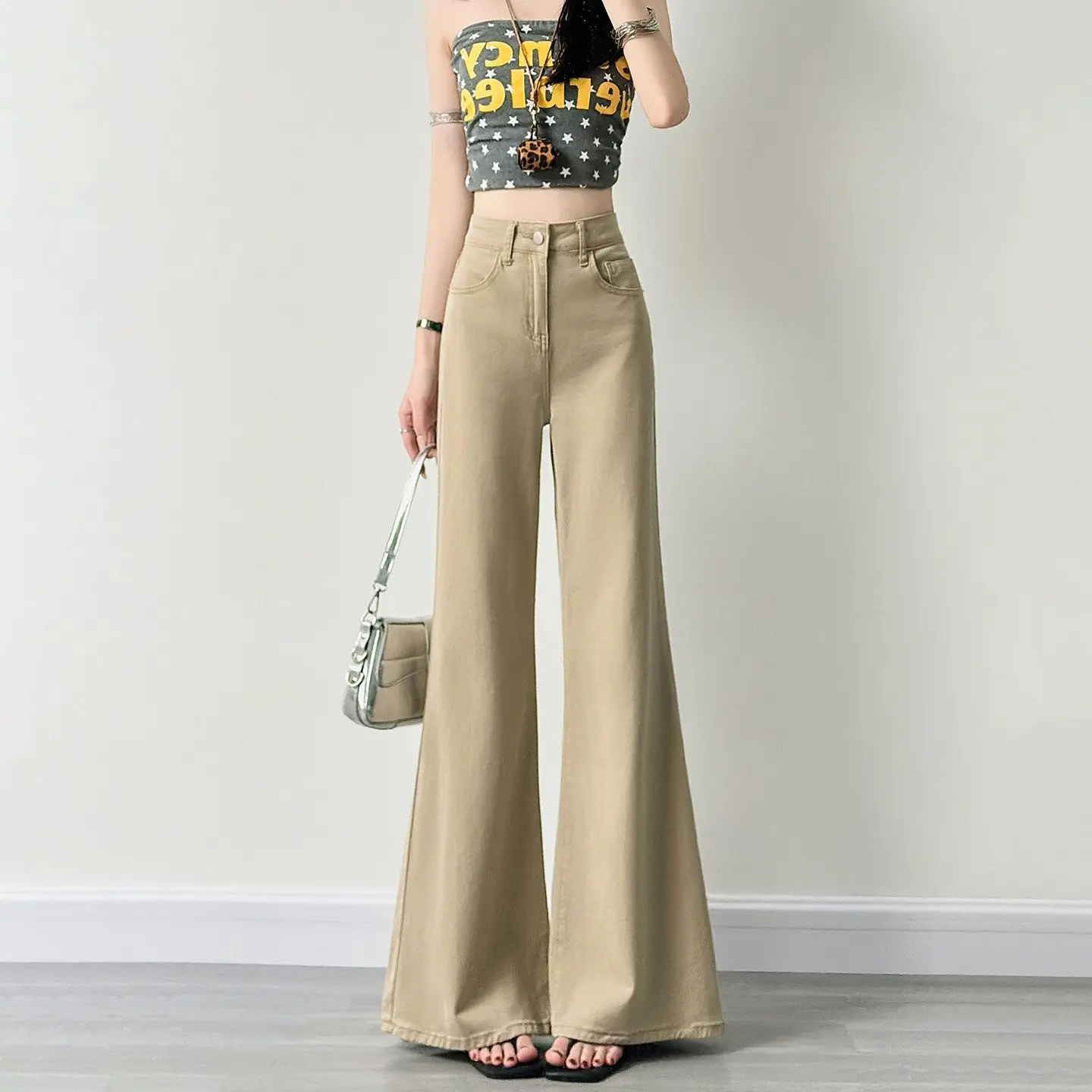 Khaki Slightly Pulled Jeans Tall Women'Extended Drape And Thin Slim-fitting Versatile Casual Wide-leg Flared Pants