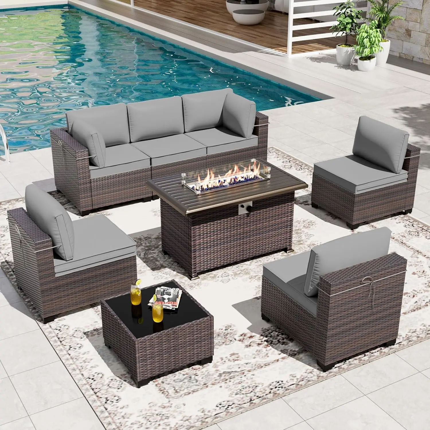 

8 Pieces Patio Furniture Set with Fire Pit Table, All Weather Rattan Outdoor Furniture with 29.5'' High Backrest, Customized