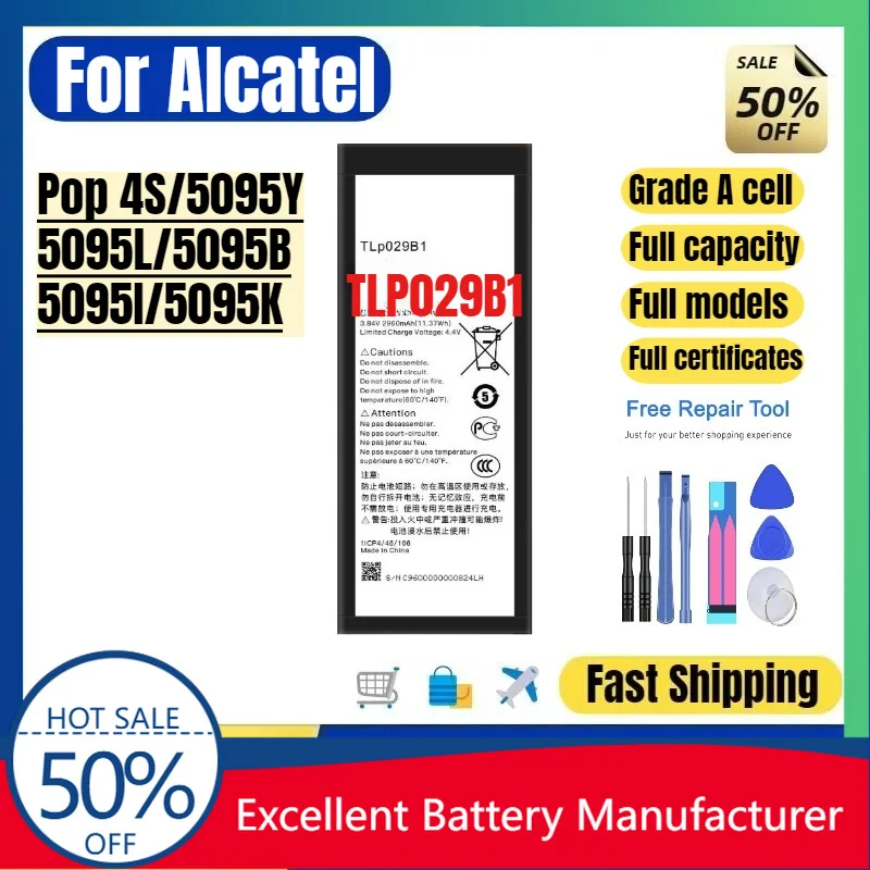 0 Cycle TLP029B1 Battery for Alcatel Pop 4S 5095Y 5095L 5095B High Quality Replacement Lithium Polymer Grade A Cell with Tools
