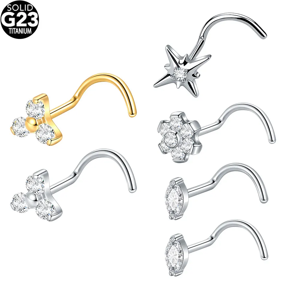 1 Stück Titan 18G 20G Schraub-Nasenring für Frauen, Zirkonia-Blumen-Nasenpiercing, Körperschmuck, Nasen- und Ohrläppchen-Piercing