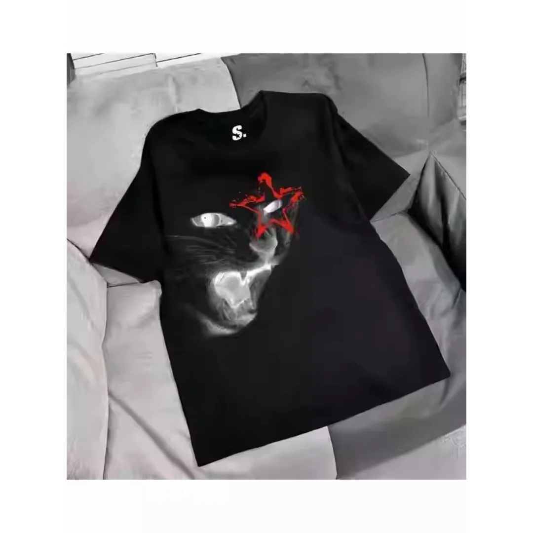 Модная футболка с короткими рукавами из чистого хлопка с забавным принтом в стиле рок-кота, романтическая панк-панк World-Weary, мужская и женская футболка Y2k