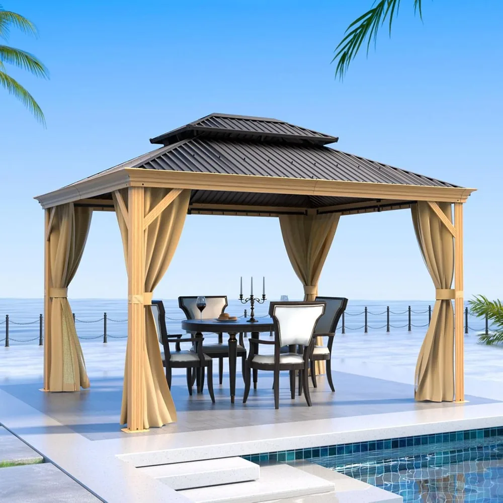 

10' X 12' Outdoor Hardtop Gazebo Wooden Finish Coated Aluminum Frame Gazebo with Galvanized Steel Double Roof