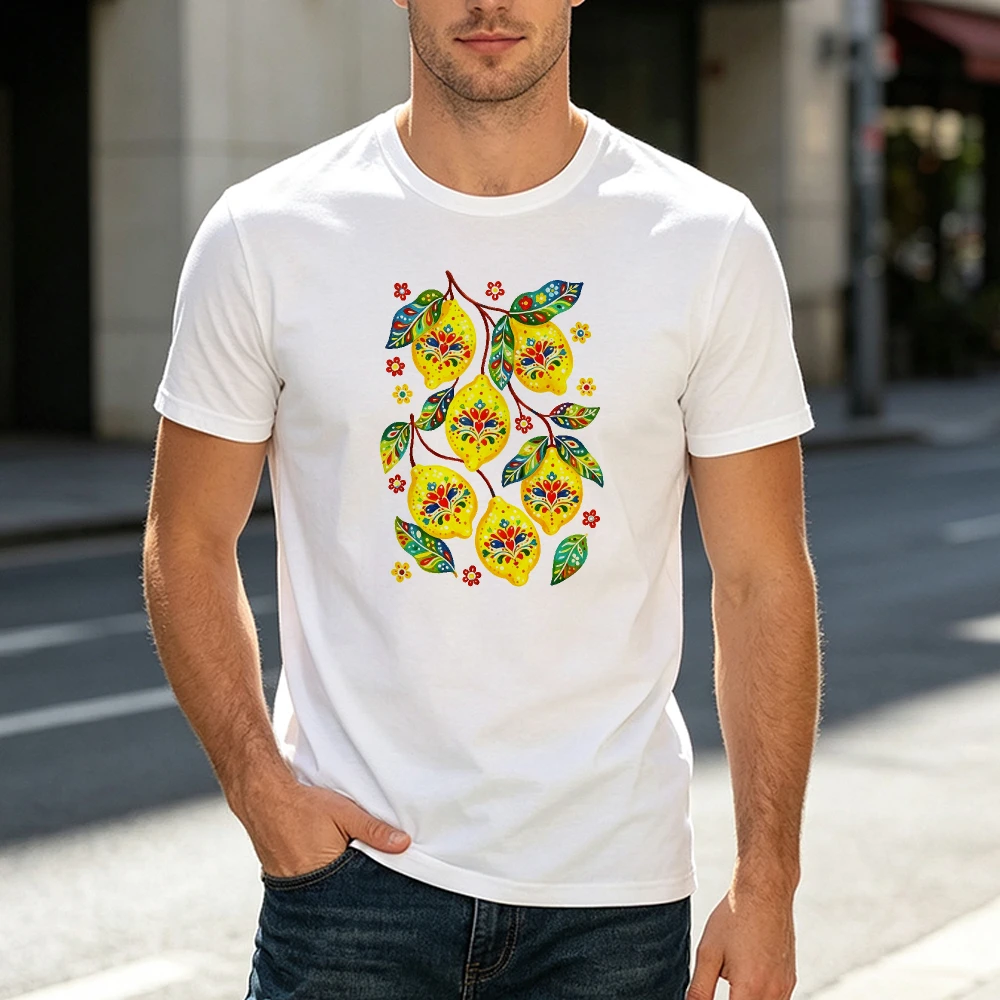 Mediterranean Folk Art Lemon Branch Men T Shirt Summer Vibrant Yellow Fruit Tee Cute Floral Botanical Tees