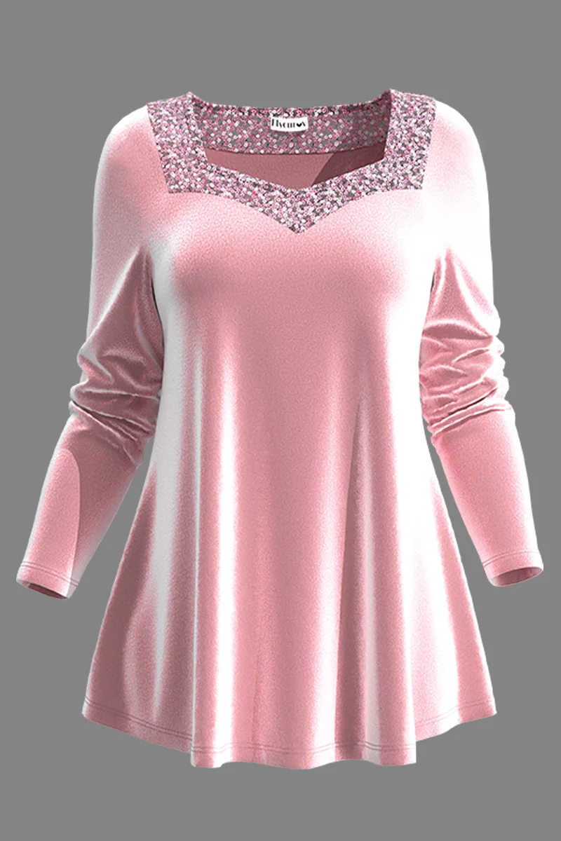 Plus Size Casual Pink Velvet Sequin Patchwork Square Neck Blouse Long Sleeve Tops Lady Elegant Spring Autumn Party Clothing