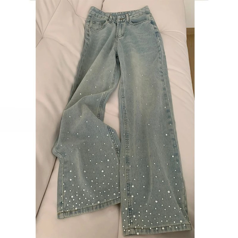 2025 Korean Style Women's Jeans | Spring Crystal Washed High Waist Wide Leg Pants, Chic Straight Cut Slim Fit Floor Length