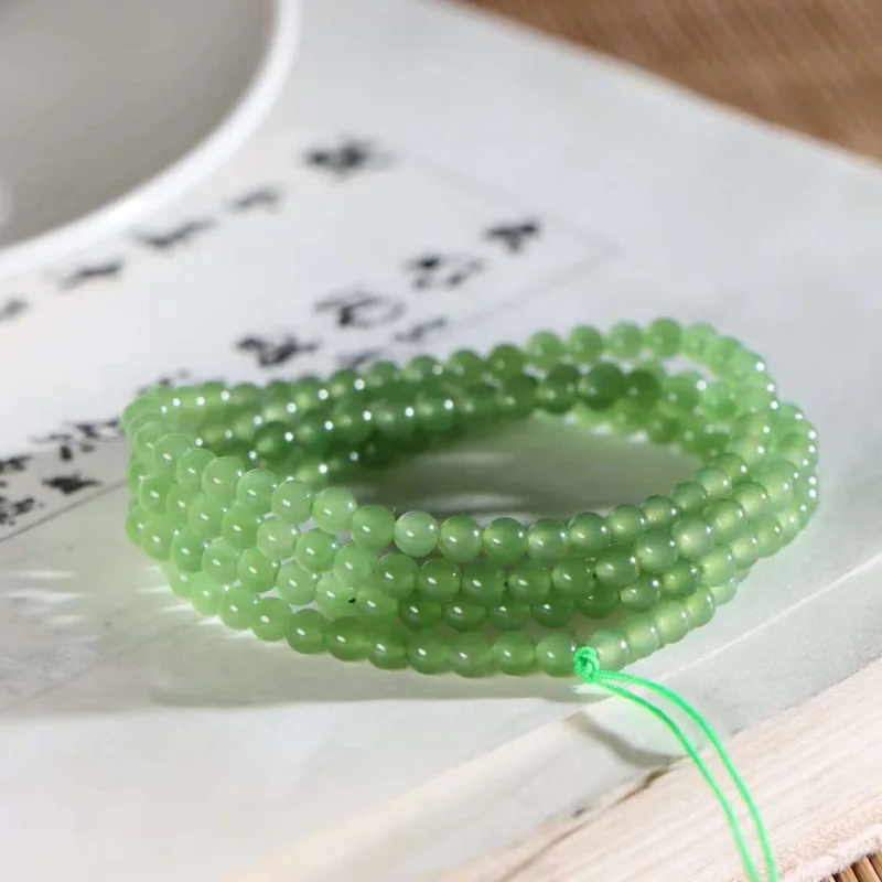 Natural Xinjiang Hetian Jade Russian Jasper Fruit Green Pigment Ring Multi-Circle Bead Necklace Men and Women