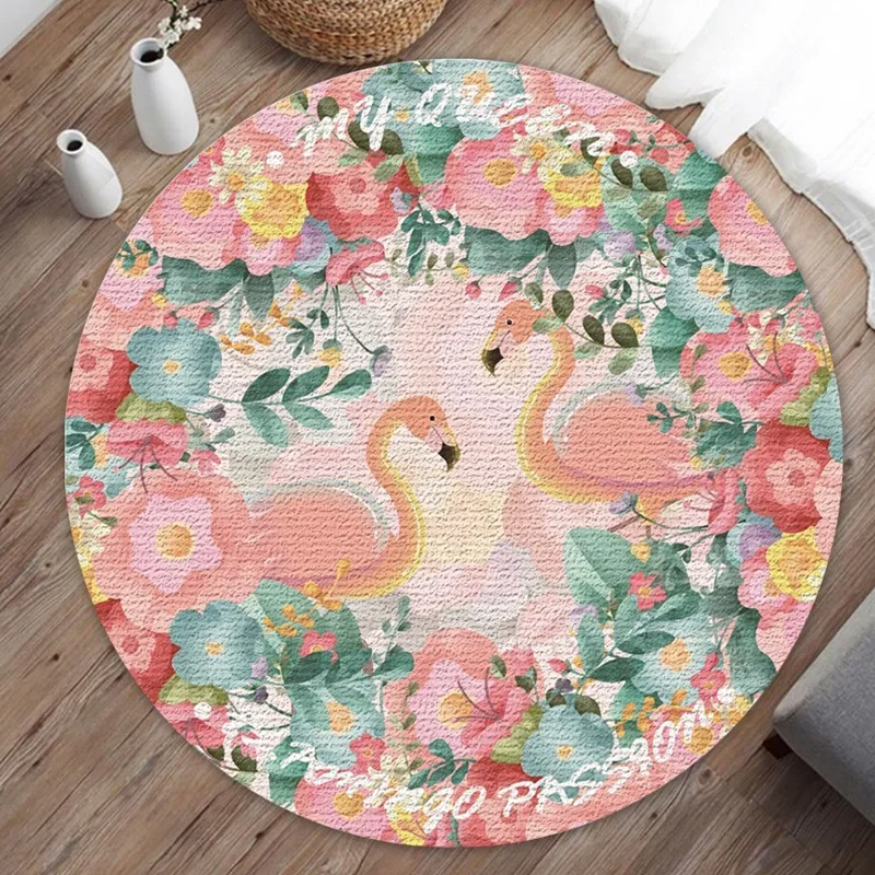 Gorgeous Flower With Flamingo 3D Printed Carpet Cartoon Animal Round Carpet Anti-slip Kids Playground Rugs Living Room Floor Mat