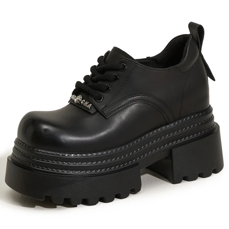 AUTUSPIN 2025 New Lace-up Women Pumps Fashion Office Ladies Leather Oxfords Shoes Daily Thick High Heels Platform Woman Loafers