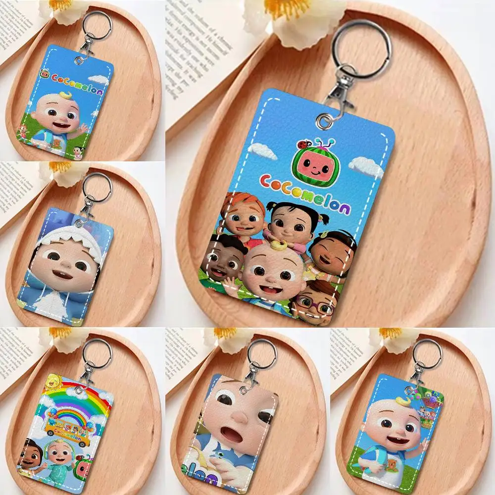 1 unidad Anime C-CoComelon Estuche para tarjetas de acceso de cuero con llavero y anillo para llaves
