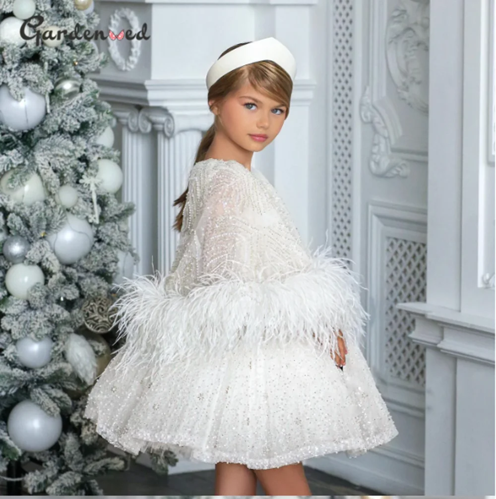 Puffy Feather 3D farfalle Flower Girl Dresses Wedding Kids Party Birthday Ball Gown First Kids comunione Pageant Clothes