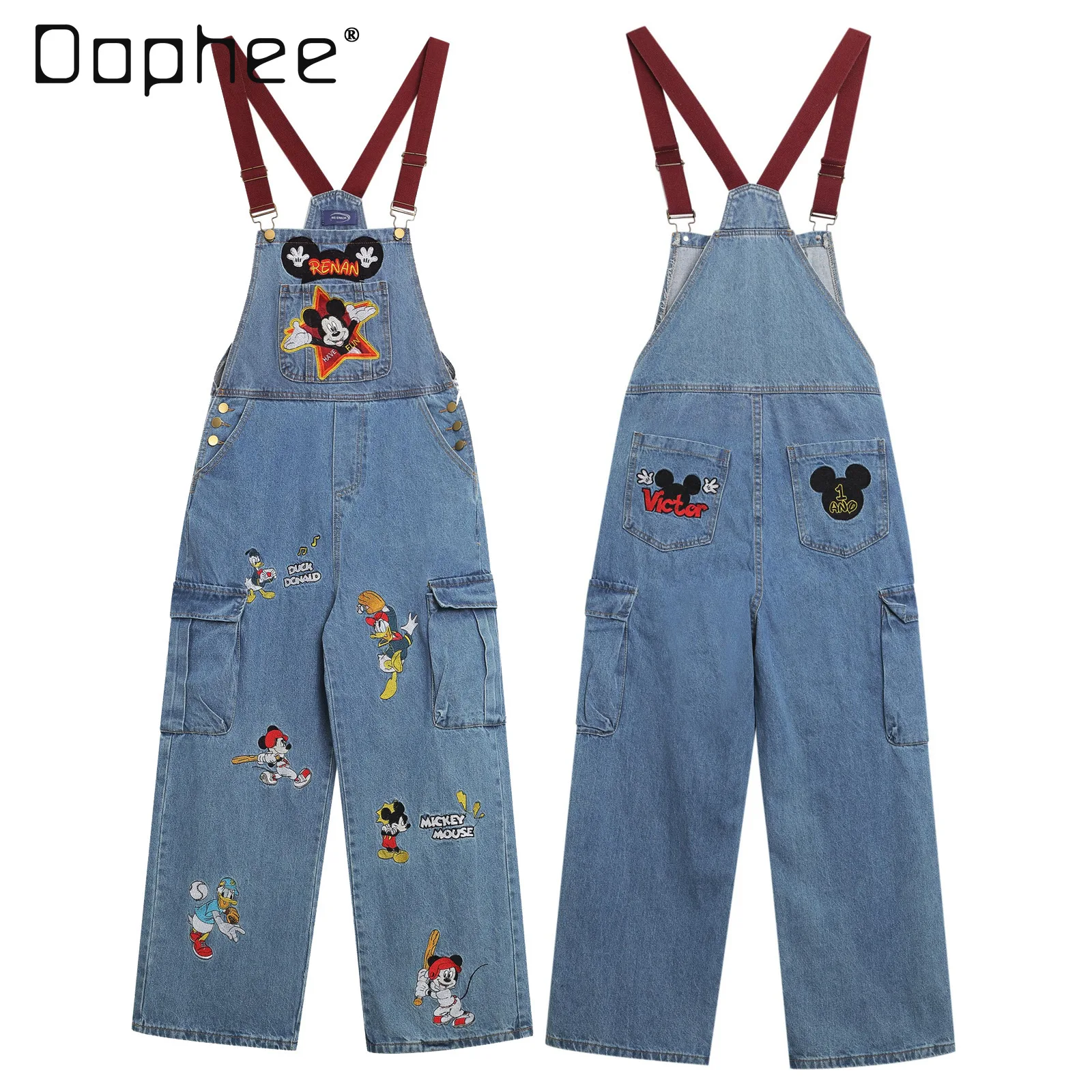 

American Retro Fun Embroidery Washed Denim Overalls Women's Cute Cartoon Jumpsuit Blue Jeans Boyfriend Jeans for Women