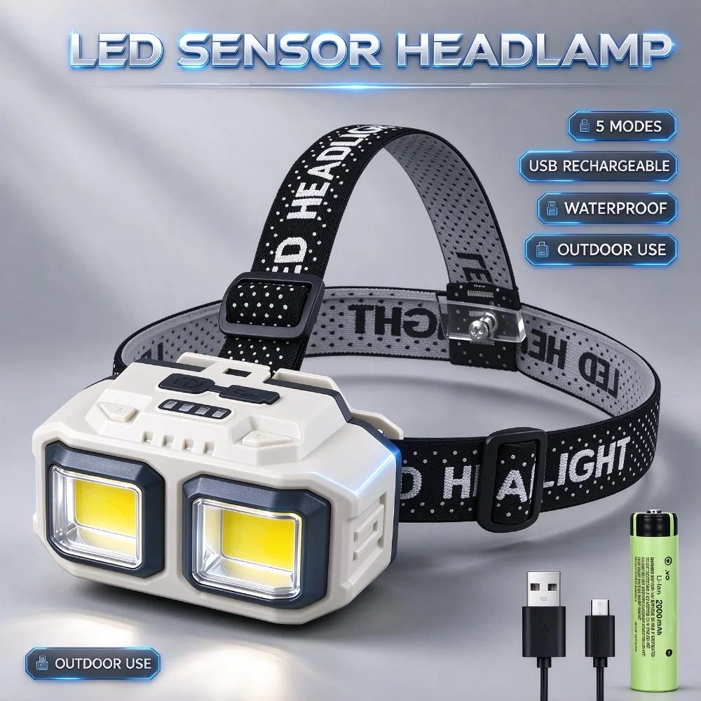 LED Headlamp Flashlight 5 Modes Waterproof Head Light USB Rechargeable Outdoor Camping Fishing Running Emergency Head Torch