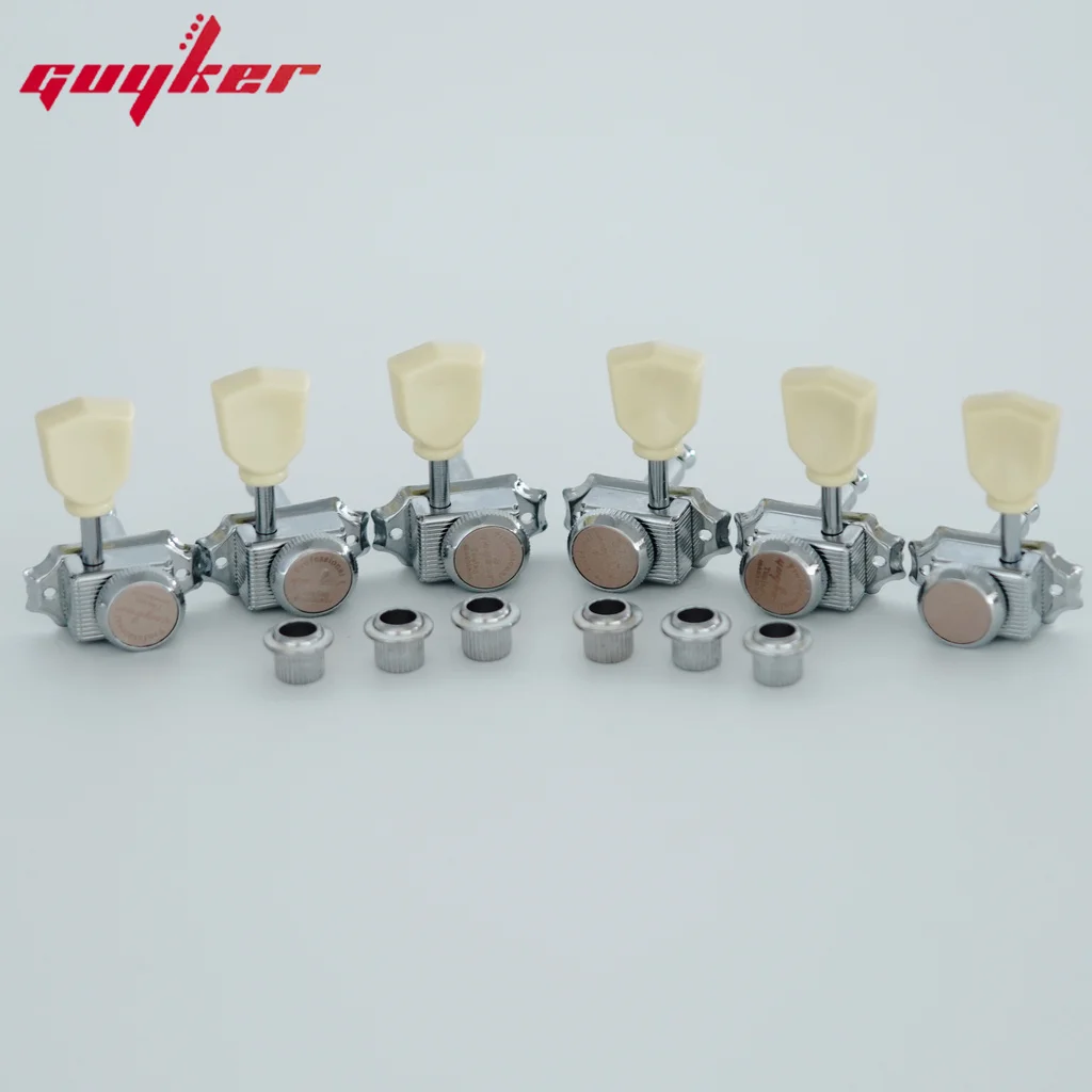 1 Set GUYKER Cream Handle Locking String Vintage Deluxe Electric Guitar Machine Heads Tuners Chrome 3R3L Tuning Pegs