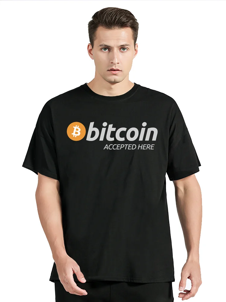 Accepted Here BTC Logo T-Shirt Bitcoin Cryptocurrency Miners Meme Round Neck Oversized Tshirt Fashion Unisex Tops Tees T Shirt