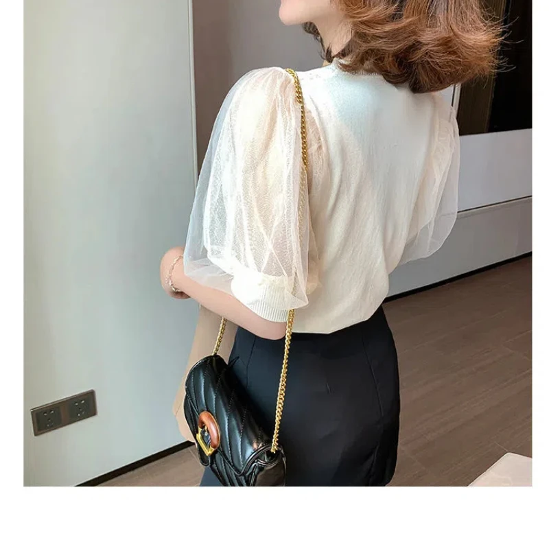 Temperament Summer Solid Thin Women\'s Ice Silk O-Neck Hollow Out Gauze Patchwork Fashion Elegant Short Sleeve Slim Knit Tops