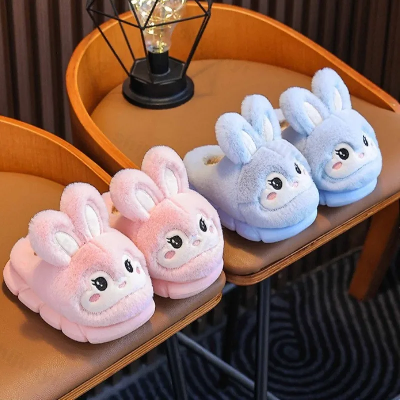

Children Slippers Cute Cartoon Rabbit 2025 Winter New Cotton Slippers Warm Comfortable Indoor Plush Floor Fluffy Home Slippers