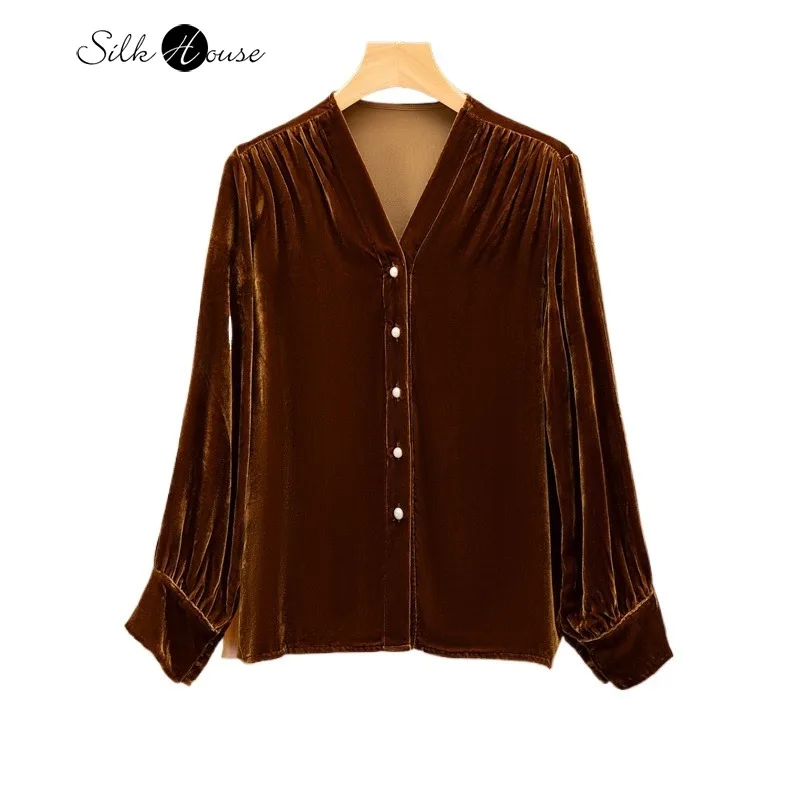 

2024 Women's Fashion Autumn New High End 30% Natural Mulberry Silk Velvet V-neck Skin Friendly Long Sleeved Golden Coffee Shirt