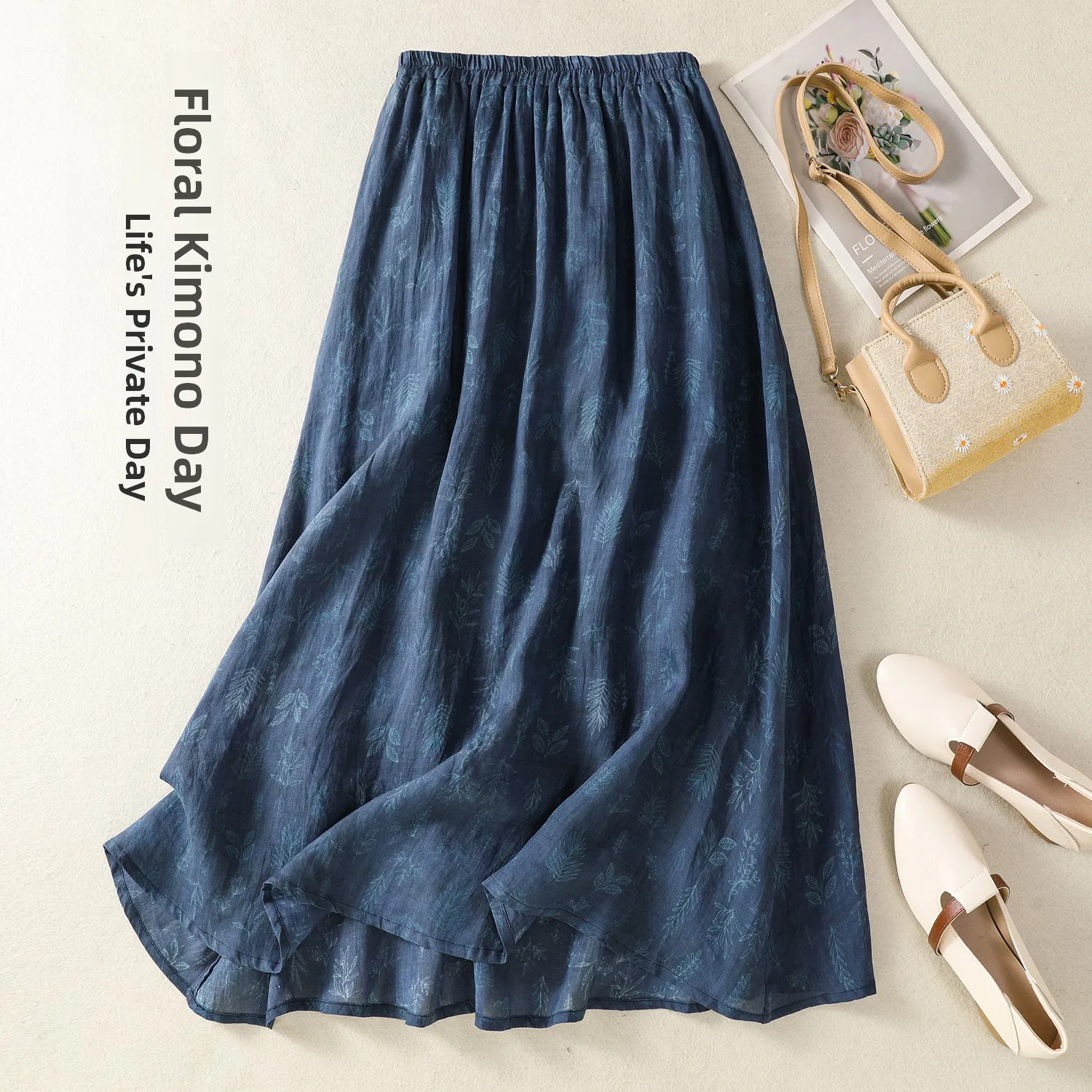 

Elegant Large Size Cotton Linen Print Skirt for Women High Waist Flared Midi Skirt Summer Commute Artistic Style Women's Fashion