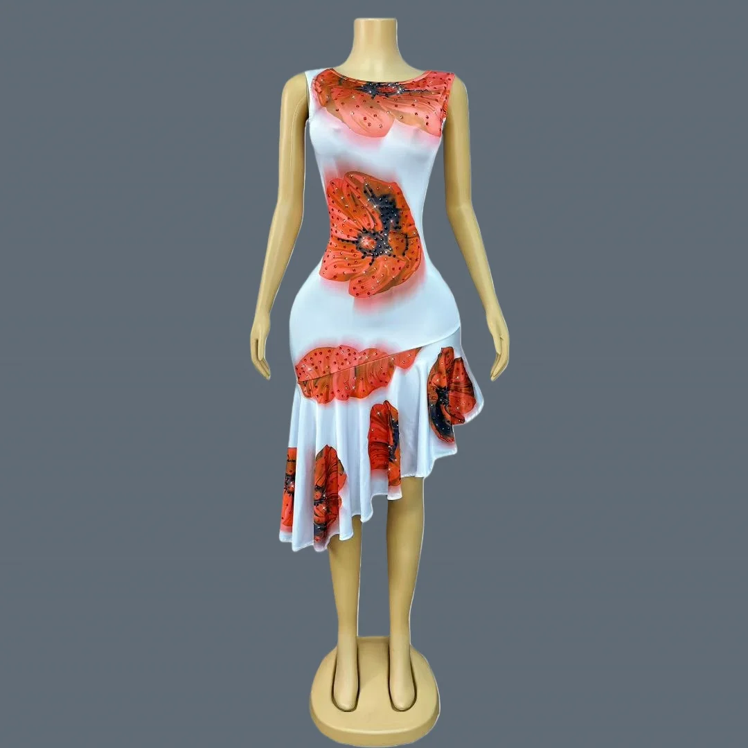 فستان نسائي أنيق مكشكش فستان كبير مطبوع عليه زهور حمراء فساتين غير متماثلة بأشرطة من حجر الراين في ملابس الحفلات الليلية Huakai #2