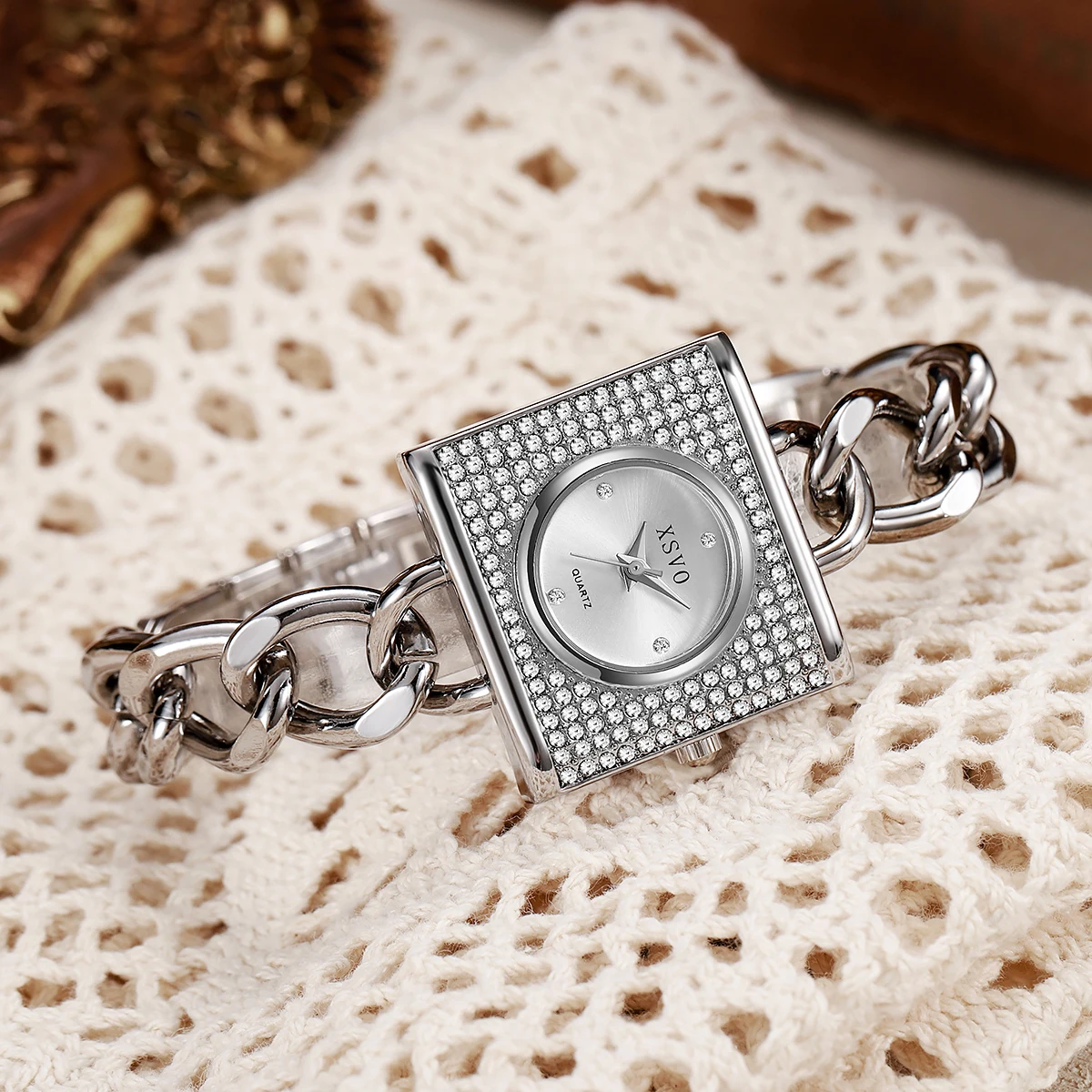 ساعة كوارتز نسائية فاخرة ذات قرص مربع صغير وحزام على شكل سلسلة لهدايا عيد الميلاد والهالوين #3