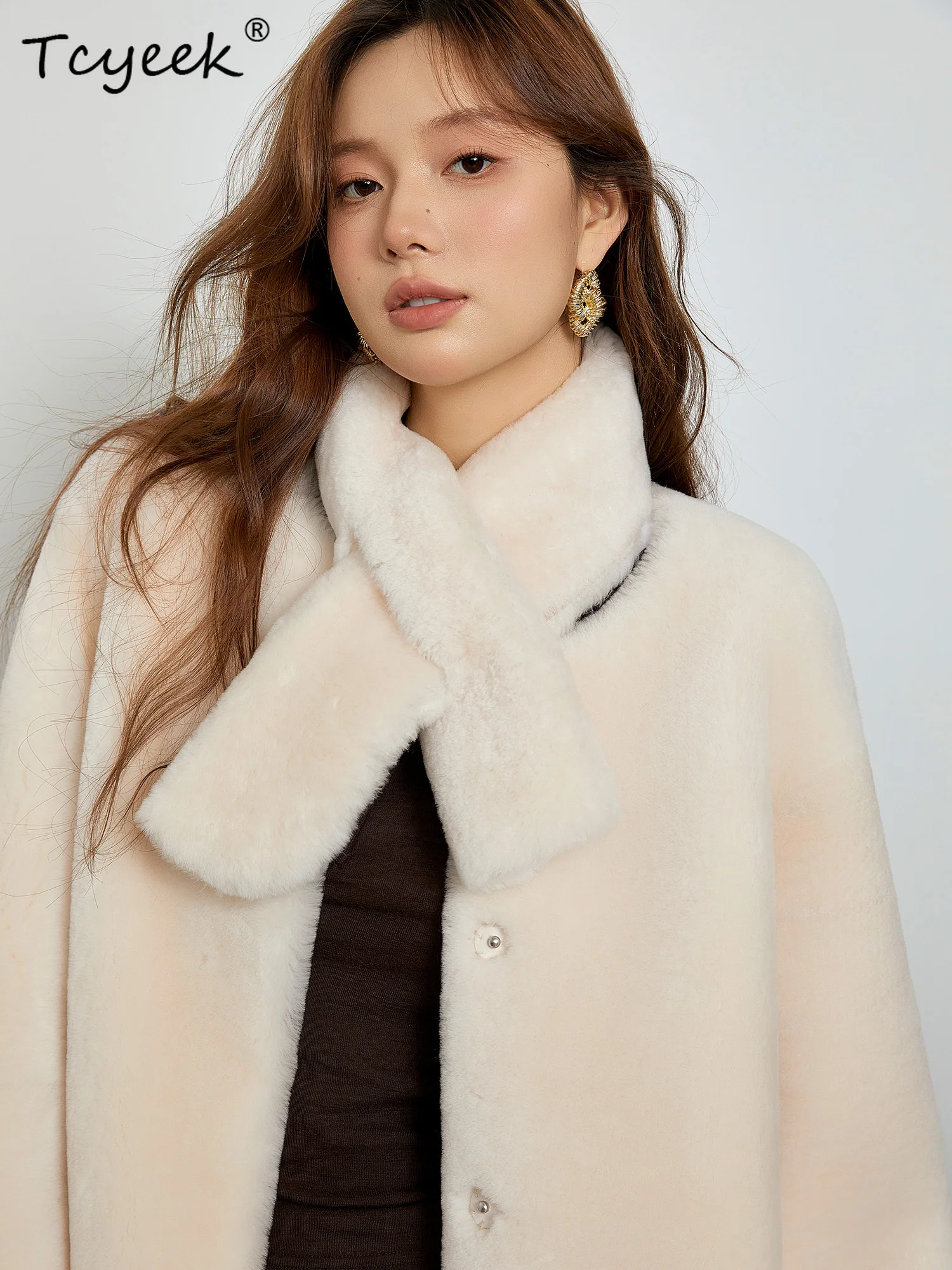 Tcyeek Vera Lana Autunno Inverno High End Pelliccia Integrata Girocollo Tinta Unita Breve Cappotto di Lana di Agnello da Donna Fourrures Femme