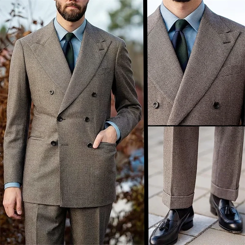 

Houndstooth Men's Suits Elegant 2 Piece Set Luxury Man Jacket Pants Male Business Woolen Blend Full Men Suit Costume Winter New