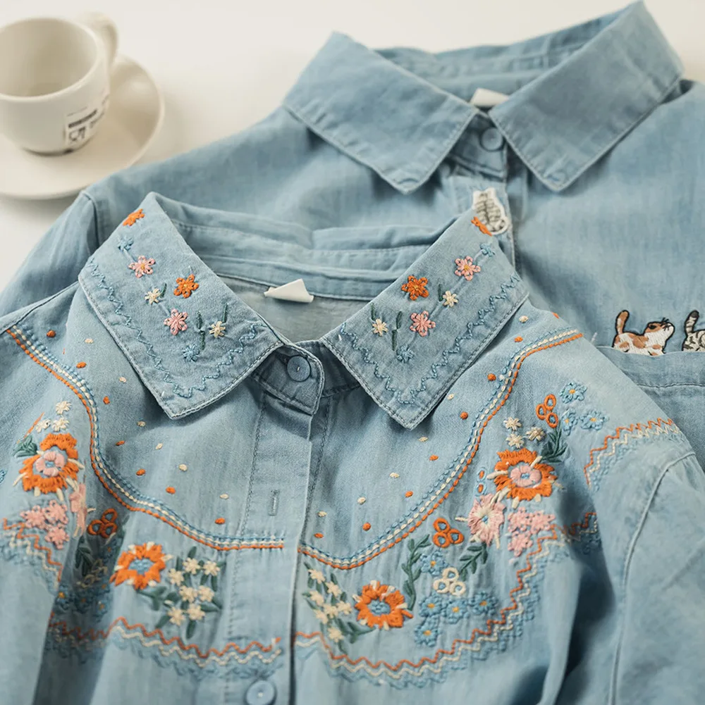 

Embroidered Washed Denim Shirt Women Spring Autumn New Long Sleeved Single Breasted Top Loose Turndown Collar Versatile Blouse