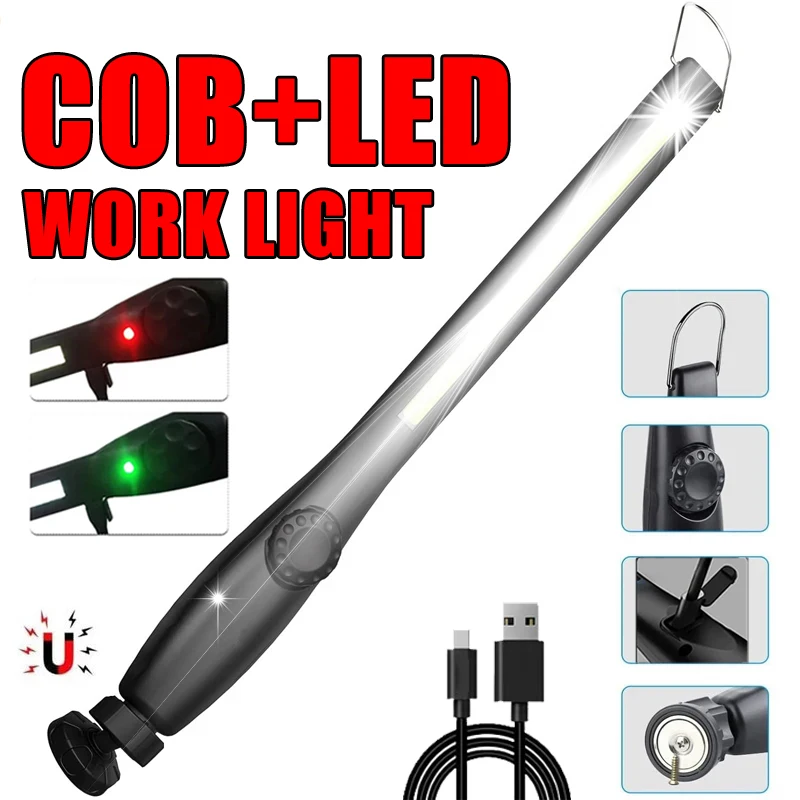 Portable COB LED Flashlight Magnetic Work Light USB Rechargeable Stepless Dimming Torch Camping Inspection Car Repair Lantern