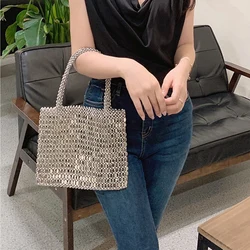 Women Silver Metal Evening Bags Sequins Chains Woven Totes Bag Hollow Out Clutch Purse Female Travel Hobos Shoulder Bag Handbags