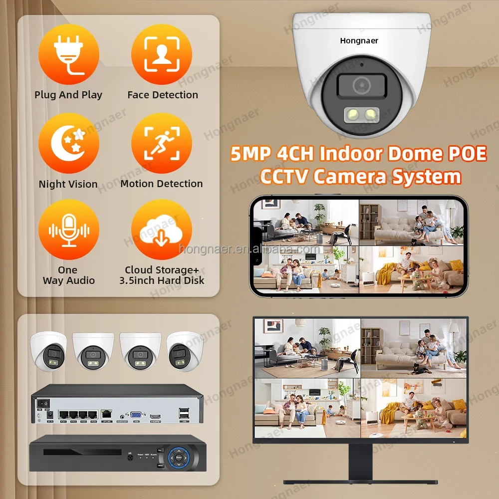 2026 Hongnaer 4MP 5MP 8MP 4CH 8CH Indoor Dome IP NVR Home POE Security Camera Set Kit Surveil System 4K Wireless CCTV Camera Sys