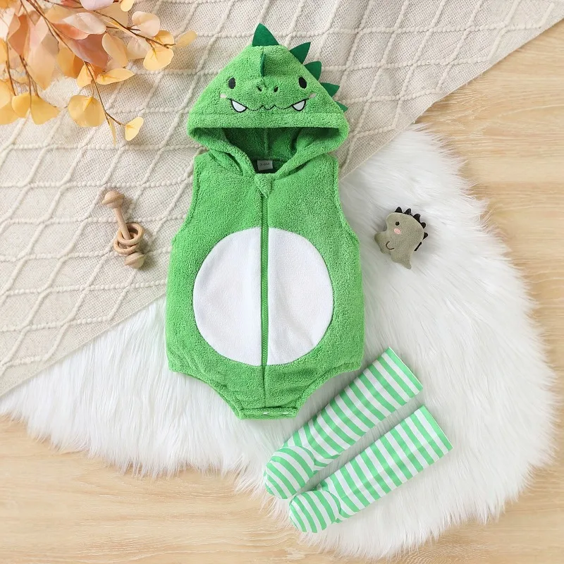 Newborn Infant Baby Boys Girls Cute Green Dinosaur Sleeveless Hooded Romper with Striped Leg Warmers Costume 0 24M