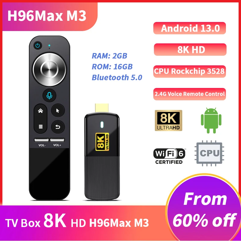 

Android 13.0 H96 Max M3 Smart TV Stick WIFI6 8K UHD Voice Control Android HDMI-compatible TV Box 2GB 16GB Bluetooth Media Player