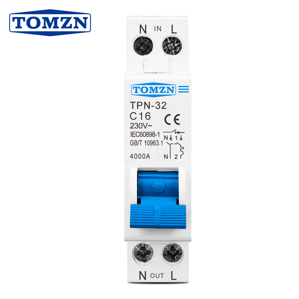 TOMZN DIN Rail TPN DPN 1P+N AC 230V~ 16A 4000A Mini Circuit Breaker MCB Overload Protection Short-circuit Protection