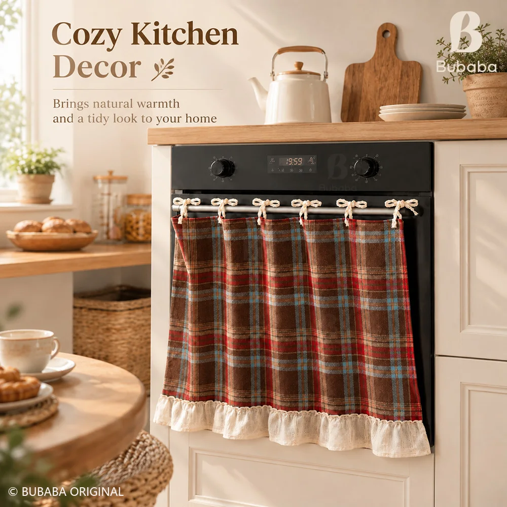 Striped Solid Color Dust Curtain Ruffled Hem with Lace Ties Decorative Cabinet Microwave Dust Cover Kitchen Decor Dust Curtain