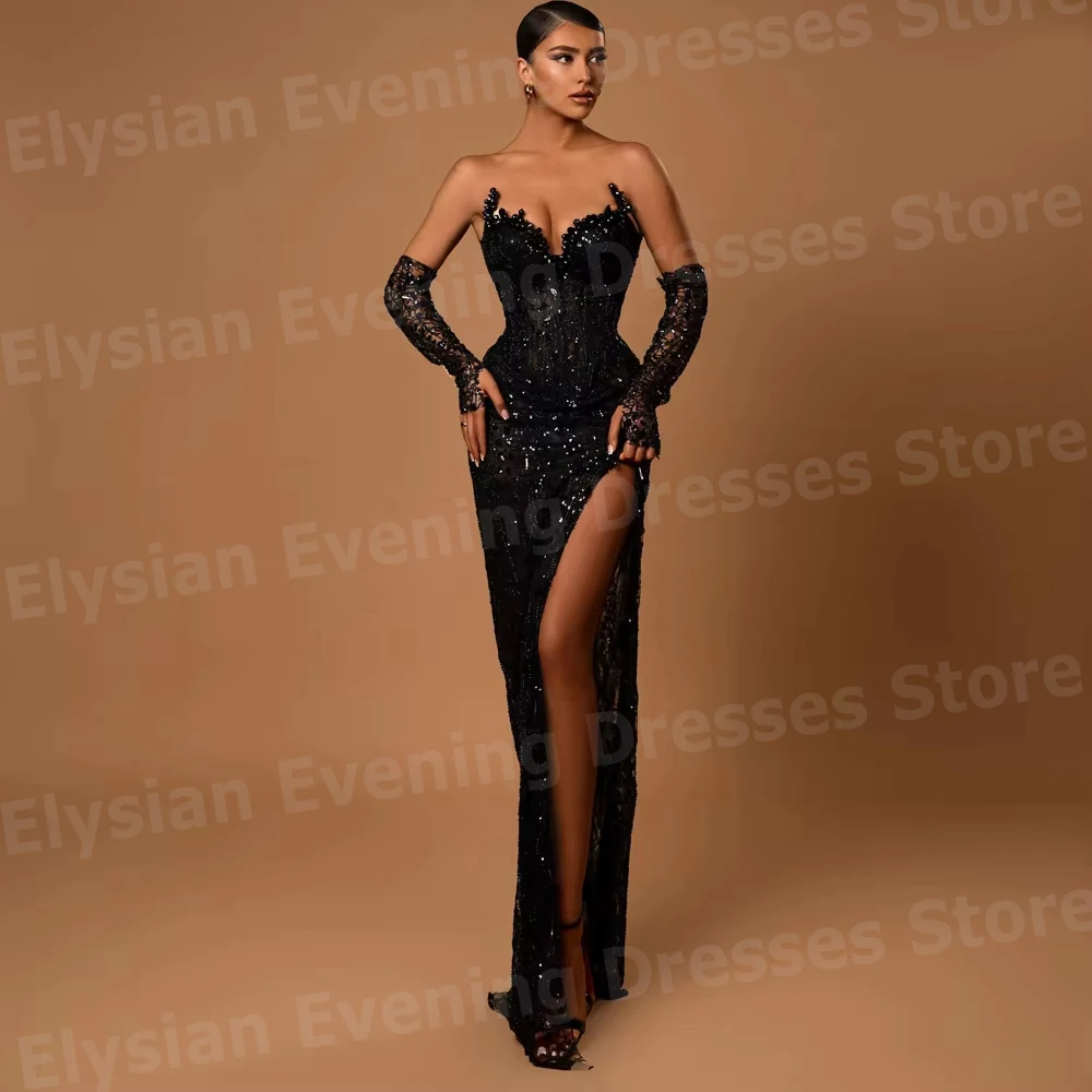 スパークリングレディースマーメイドビーズスパンコールイブニングドレスカスタマイズされたローブ・ド・ソワレプロムドレスハーフスリーブ Vestidos Para Mujer