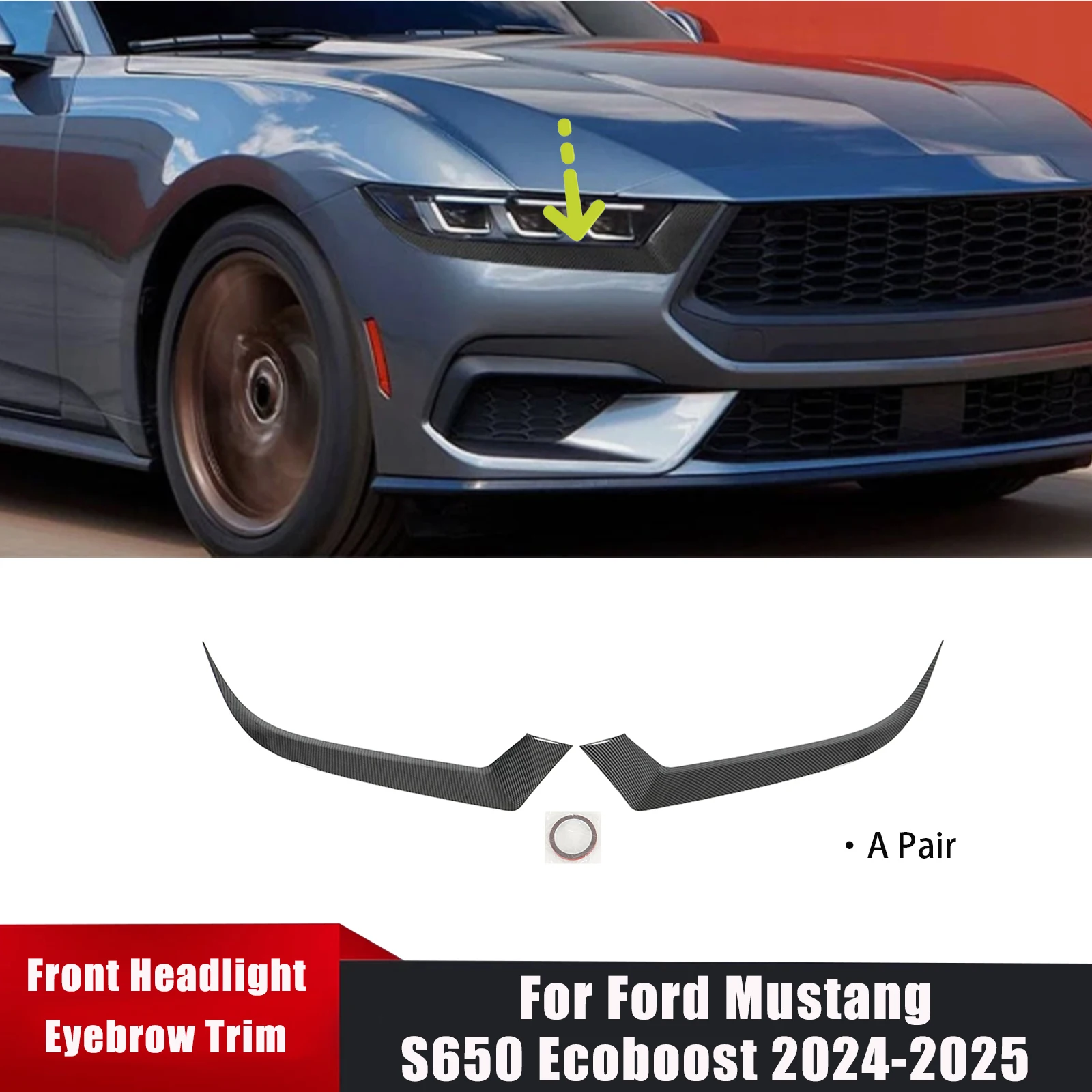 

Для Ford Mustang S650 Ecoboost 2024-2025: Пара глянцевых черных накладок на передние фары (реснички) из АБС-пластика, элементы обвеса кузова