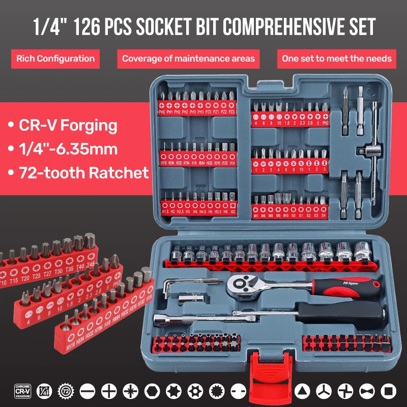 

Apollo 126Pcs 1/4" Drive Socket & Bit Tool Set, Cr-V Steel Professional Kit with Red Case for Mechanic Tools & Auto Repair