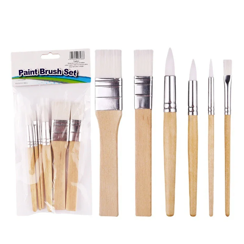 6 Pcs Set Short Wood Rod Combination Multi-function Paint Brush Pen White Nylon Hair Watercolor Acrylic Painting Brush Art Tools