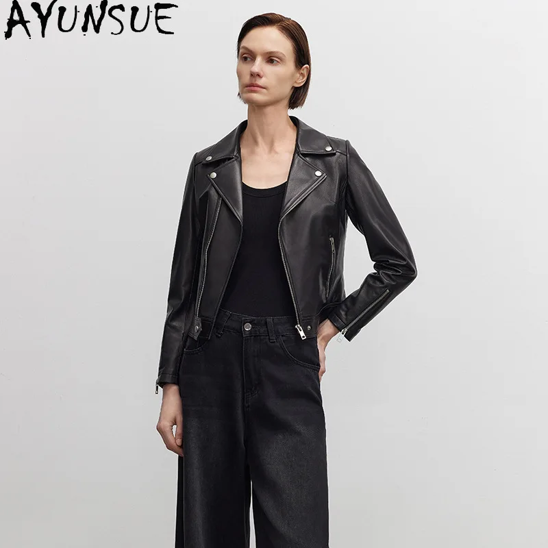 AYUNSUE 天然シープスキン本革ジャケット女性バイクコートレディースジャケット春秋服スリム Косуха Женская