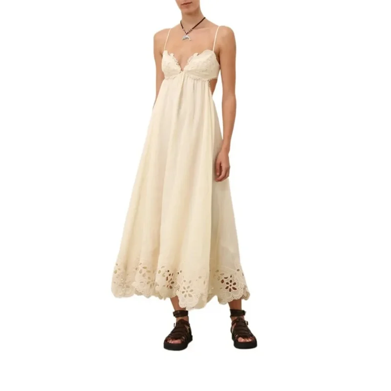 New Collection Women's Beige Sleeveless Embroidery Cut Out Backless Midi Dress for Holiday