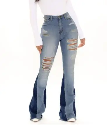 Jeans évasés pour femmes, vente directe du fabricant, à la mode, décontractés, déchirés, délavés avec trous