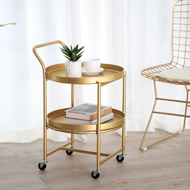 

Double Layers Gold Floor Storage Rack with Pulley Movable Bedroom Cart