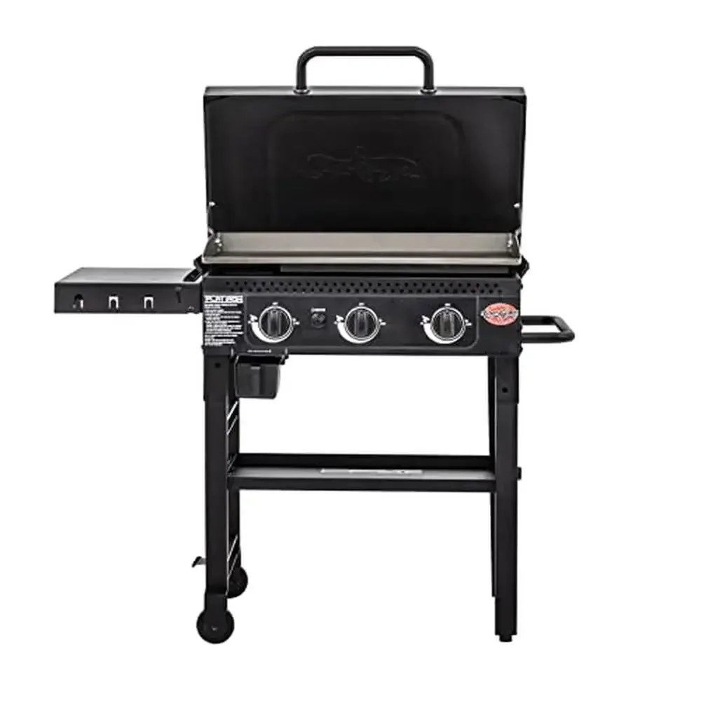 

3-Burner Propane Gas Flat-Top Griddle with Hinged Lid and Wind Guards 520 sq.in Cooking Area Foldable Shelf Portable Cart