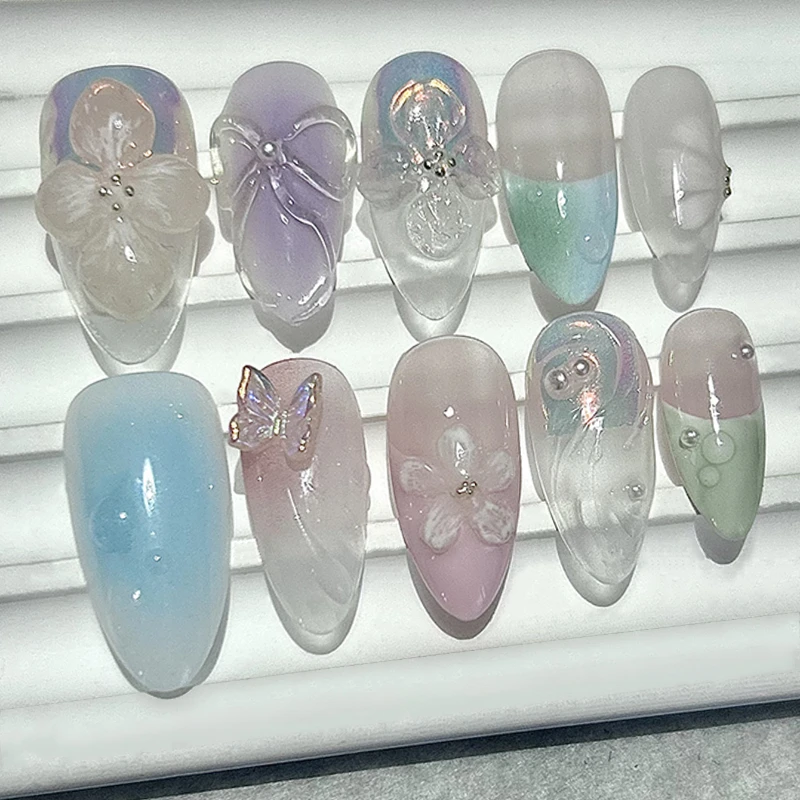 

10 Pieces Summer 3D Flowers French Almonds Handmade Press On Nails Aurora Lovely Butterfly Pearl Fake Nails Removable Reusable