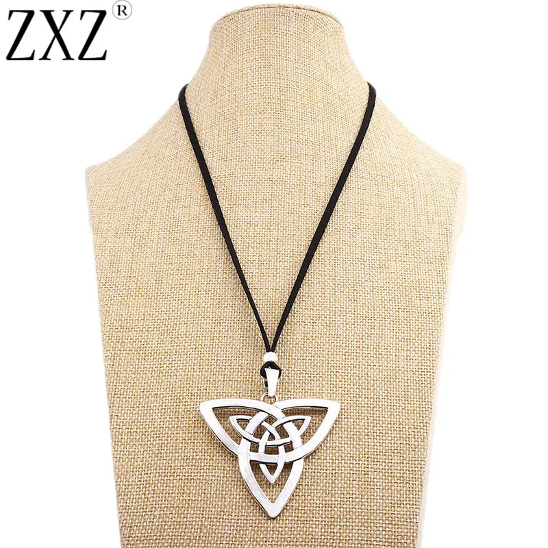 

Antique Silver Large Celtic Knot Trinity Triquetra Amulet Pendant Long Black Suede Necklace Lagenlook