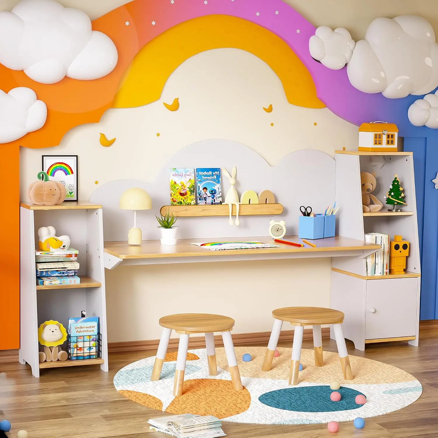 Kids Study Desk & Chair Set with Storage Bookshelves 2 Stools, Student Children Table for Bedroom, Ages 3-8, Customized