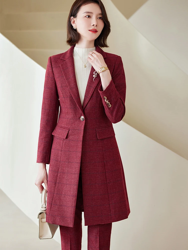 Frauen arbeiten Business tragen Hosenanzug rot blau schwarz Kaffee Plaid langen Blazer 2 Stück Set weibliche Büro Damen Jacke und Hose