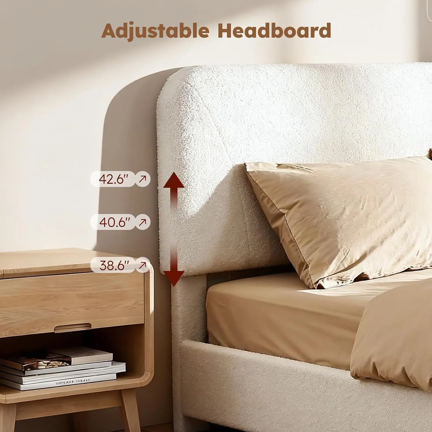 Full Size Cloud Bed Frame, Upholstered Boucle Bed Frame with Adjustable Headboard, Solid Wood Legs, Rounded Corners Design & Eas