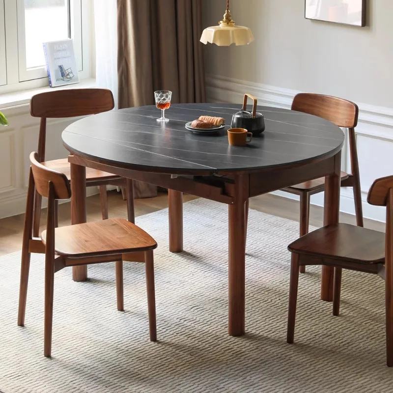 Slate small apartment folding dining table, black walnut all solid wood, simple retractable round table